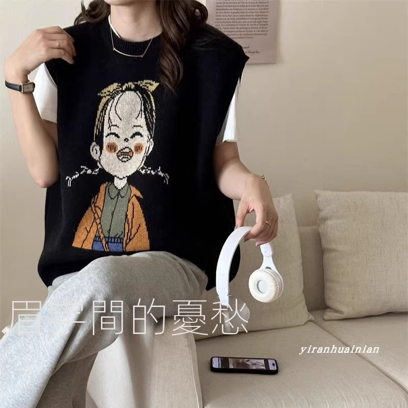 CGFM4674-54B秋季新款慵懶風寬鬆卡通針織馬甲圓領大版(4色)