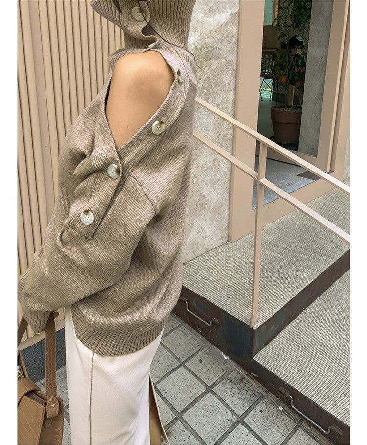 CGD3062-40B 秋冬簡約露肩高領寬鬆慵懶風長袖毛衣(3色)