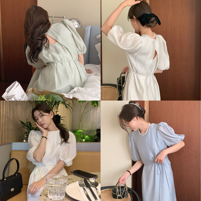 CGB1189-57B 復古泡泡袖鏤空設計系帶連衣裙(4色)