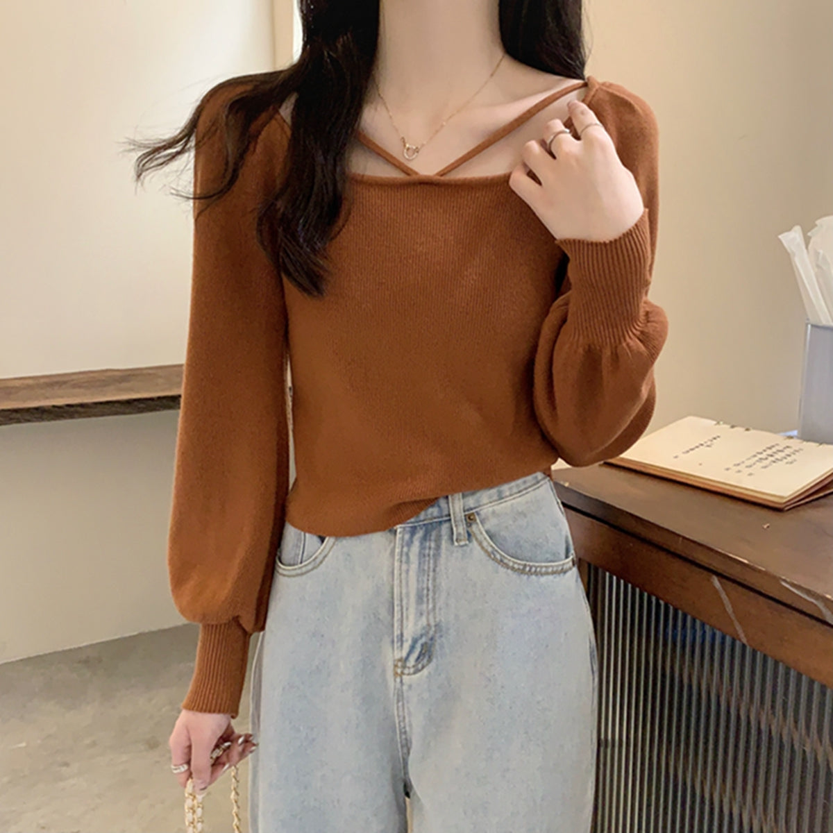 CGD5561-56B 秋冬方領內搭燈籠袖織衫(6色)