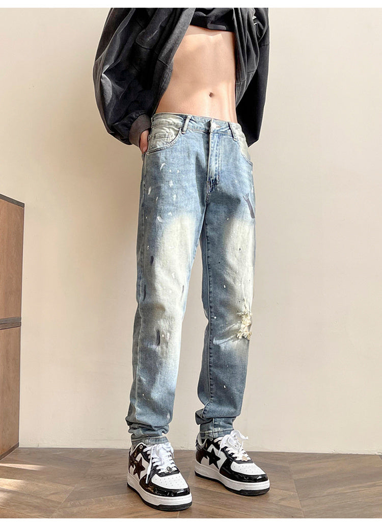 CBATZZ-S723-1-1B 潑墨塗鴉歐美高街美式水洗修身小脚破洞牛仔褲