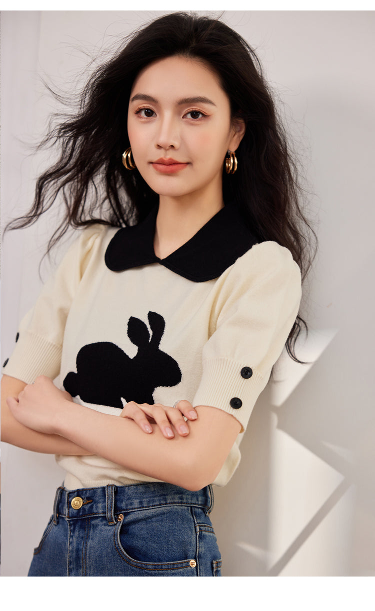 CGE8509-17B 娃娃領短袖針織衫春夏泡泡袖小衫短款
