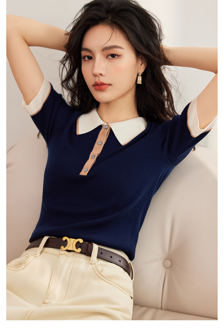 CGE9102-17B 夏季時尚POLO領短袖T恤拼色針織上衣(2色)