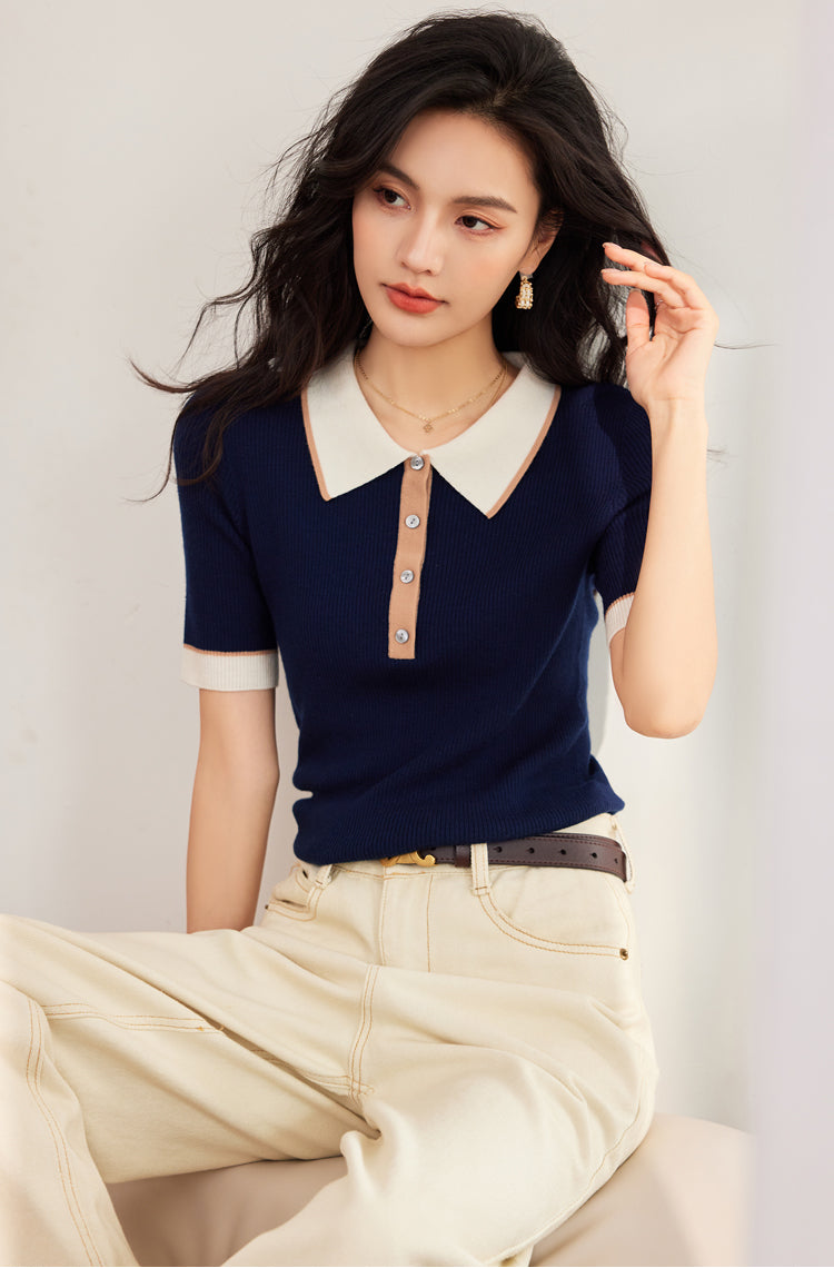 CGE9102-17B 夏季時尚POLO領短袖T恤拼色針織上衣(2色)