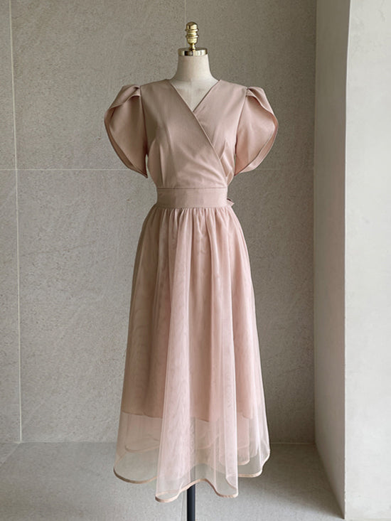 CGB8232-115B 夏裝長裙花瓣袖網紗連衣裙(2色)