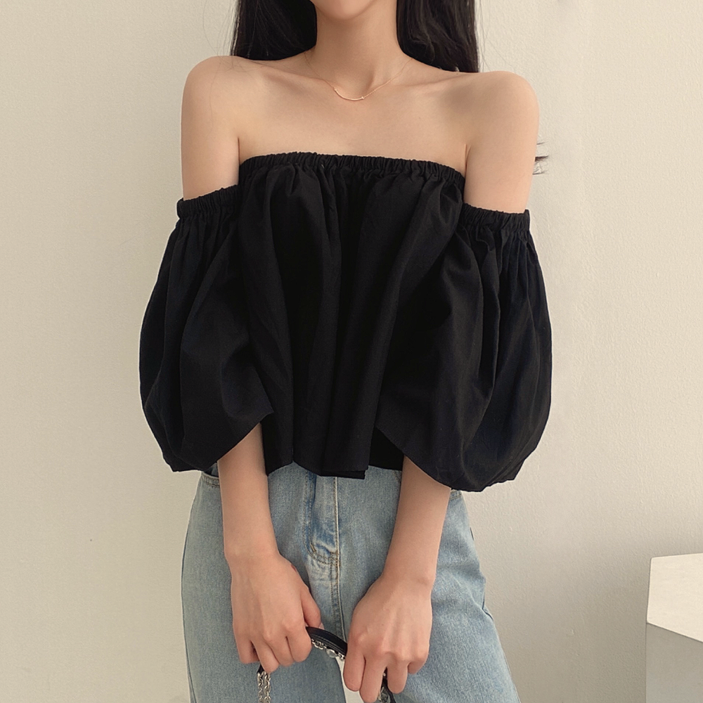 CGE1338-21B 小眾喇叭袖一字肩抹胸短款襯衣