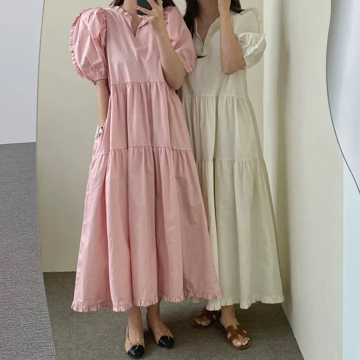 CGB225-36H 法式復古簡約木耳邊泡泡袖寬鬆短袖連衣裙(2色)