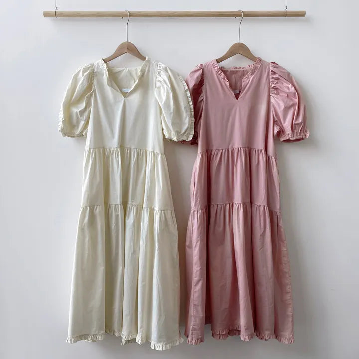 CGB225-36H 法式復古簡約木耳邊泡泡袖寬鬆短袖連衣裙(2色)