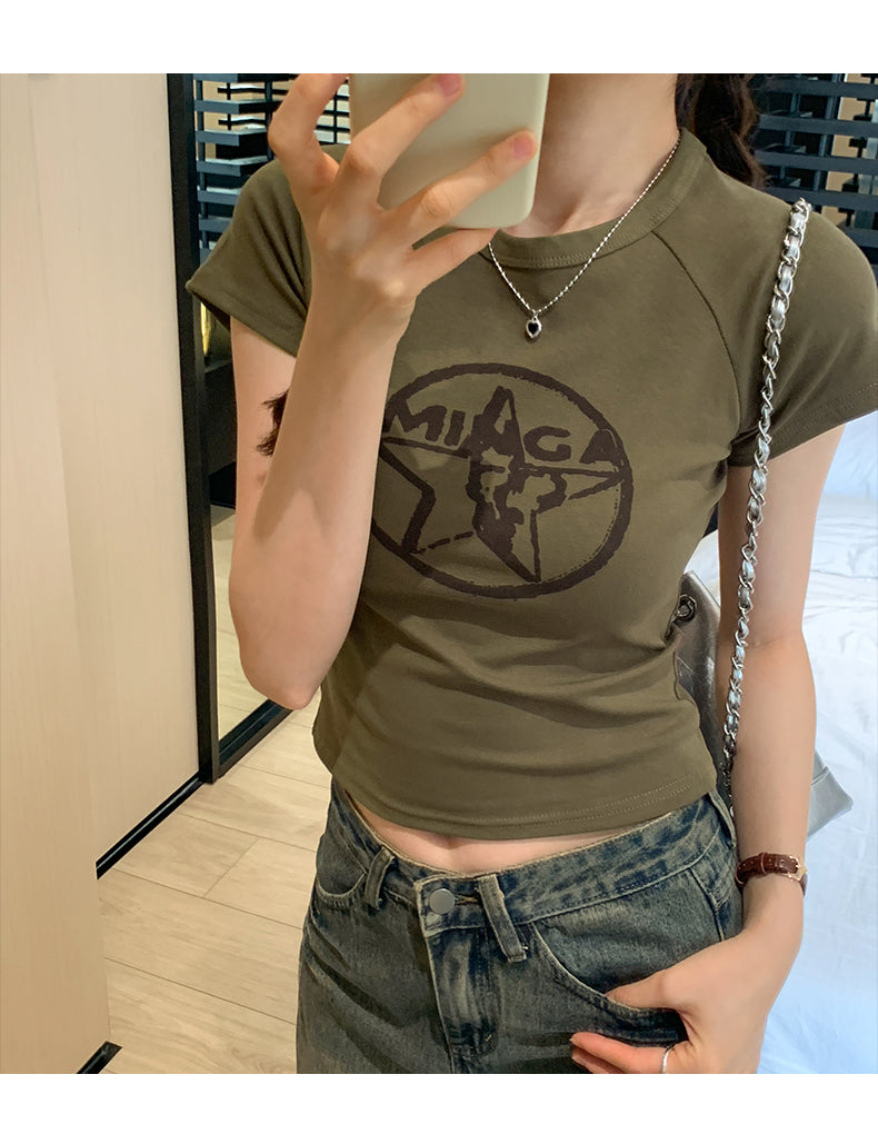 📺︎︎ CGE8663-45B 復古印花短袖T恤夏季圓領短款上衣