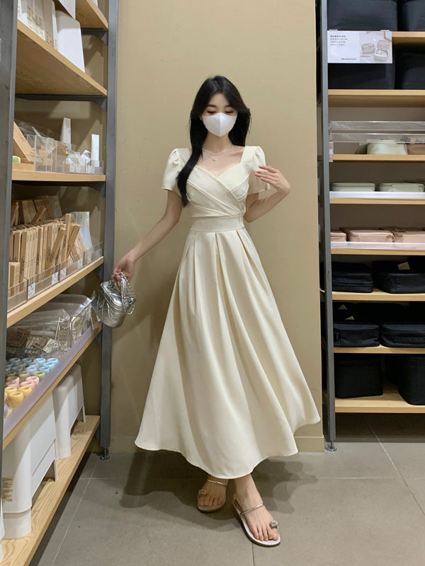 CGB7221-36H 夏季高腰褶皺方領A字連衣裙(2色)