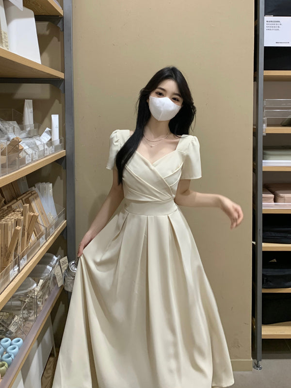 CGB7221-36H 夏季高腰褶皺方領A字連衣裙(2色)