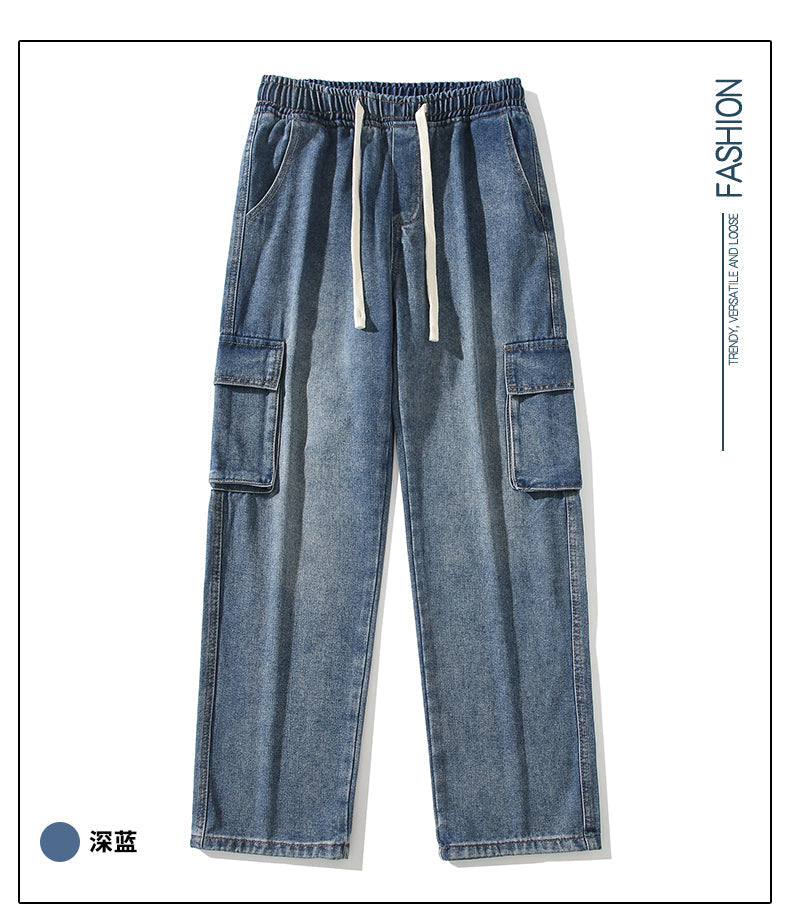 CBA-KJ2368-2-1B大口袋工裝牛仔褲復古寬鬆直筒闊腿褲(3色)