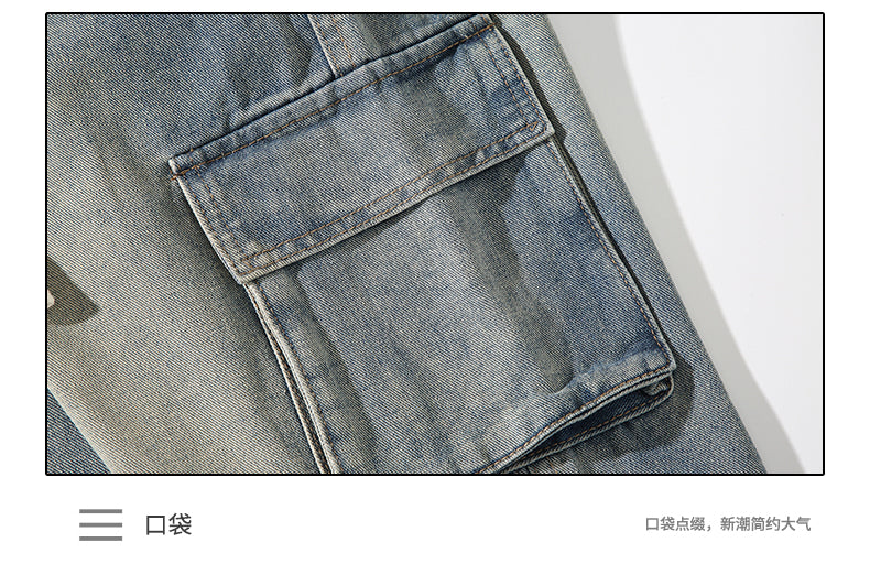 CBA-KJ2368-2-1B大口袋工裝牛仔褲復古寬鬆直筒闊腿褲(3色)