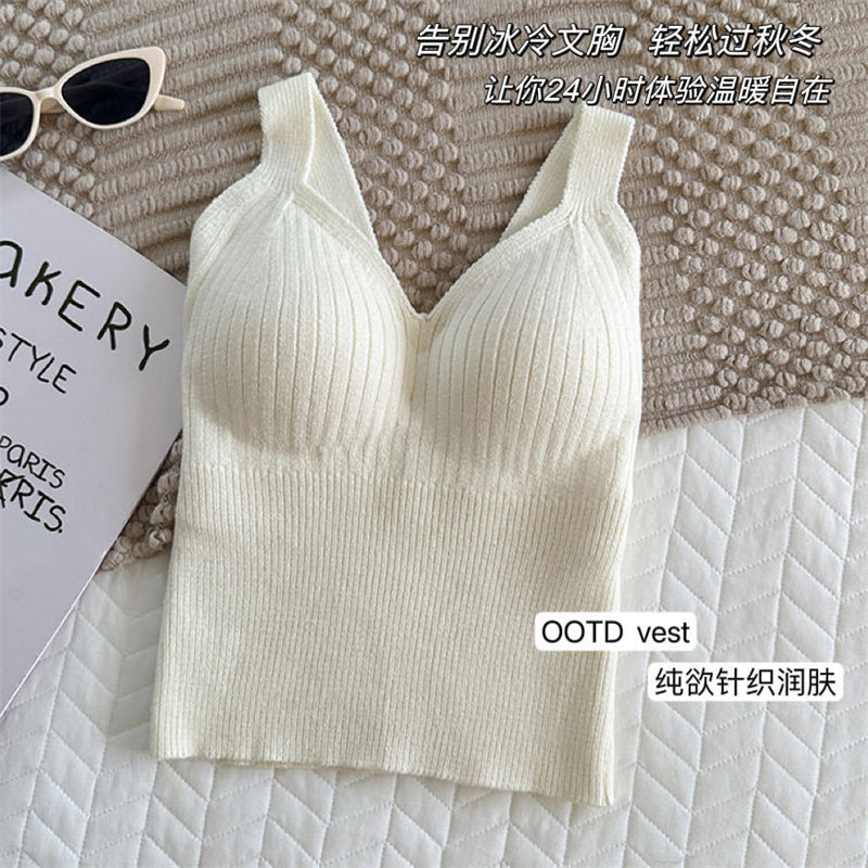 CGF1207-30B 秋冬V領針織吊帶背心帶胸墊百搭保暖內衣高彈打底衫(4色)