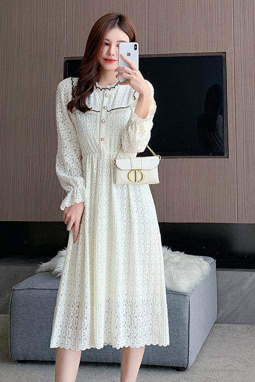 CGBMD1171-41B 加絨蕾絲連衣裙女法式甜美氣質花邊純色蕾絲裙子