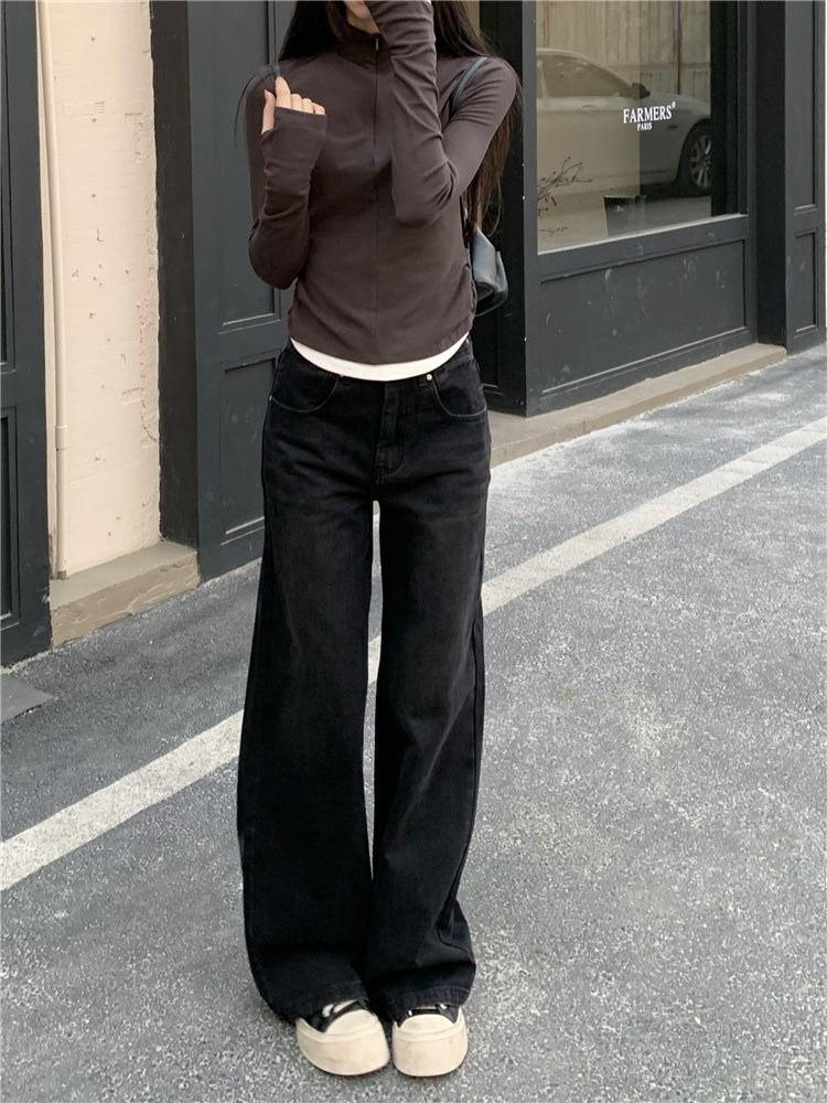 CGA0775-81B 高腰闊腿牛仔褲女美式復古高街寬鬆直筒褲長褲