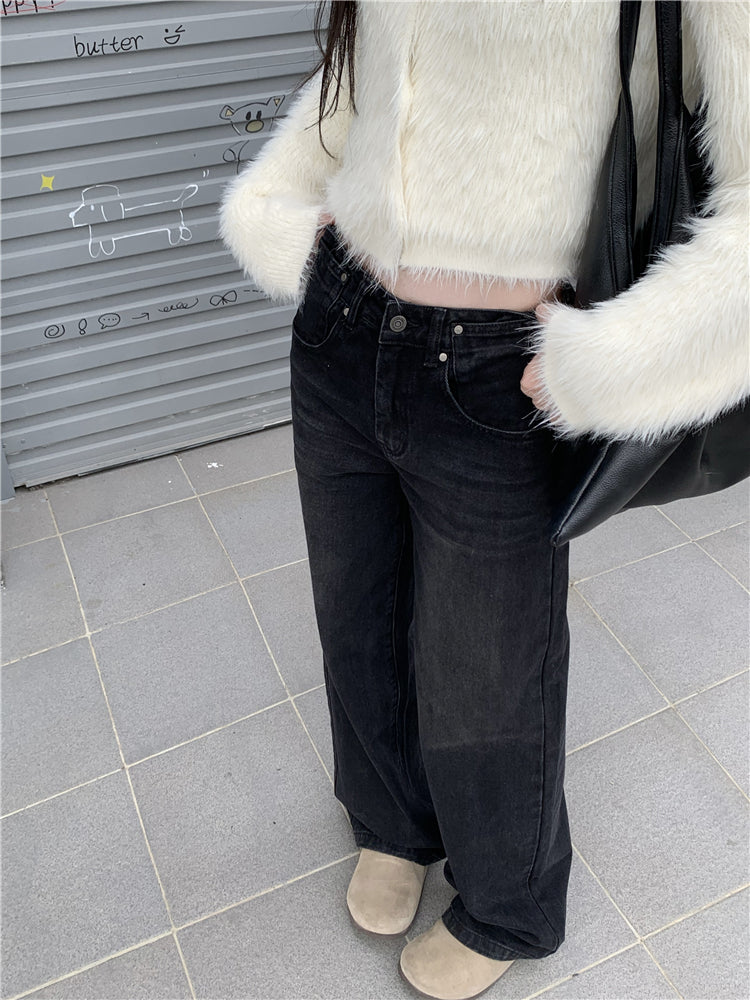 CGA0775-81B 高腰闊腿牛仔褲女美式復古高街寬鬆直筒褲長褲