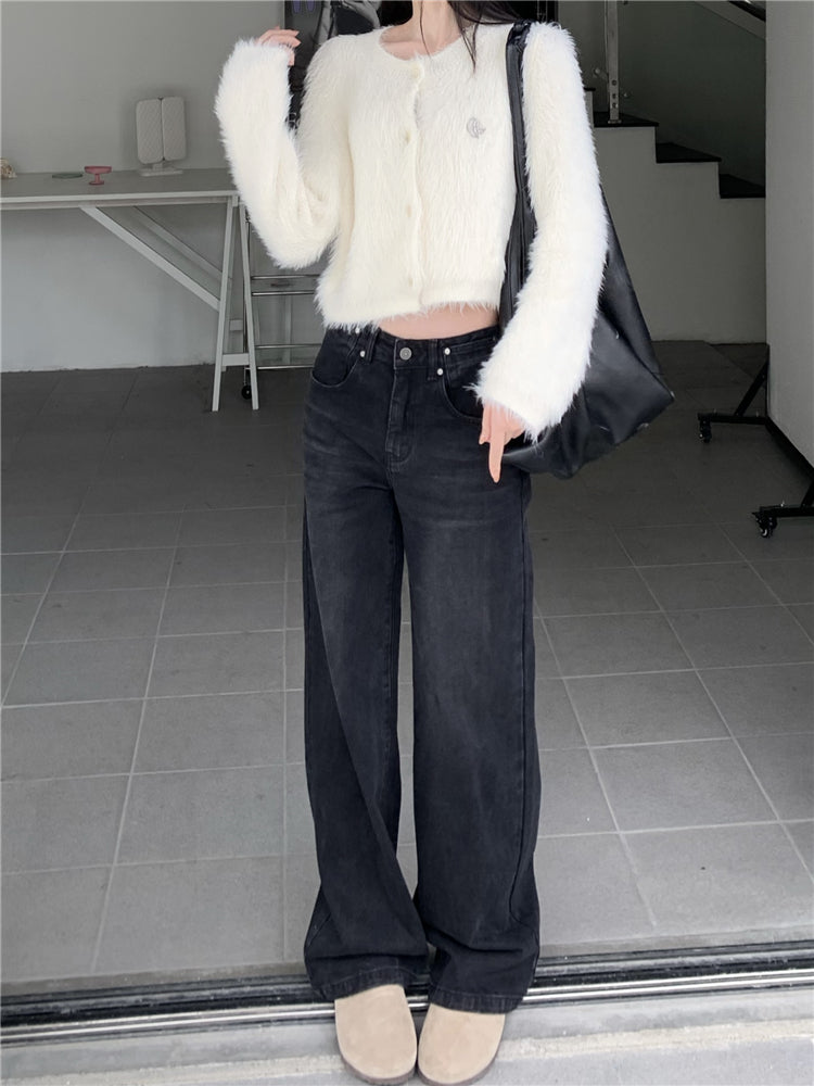 CGA0775-81B 高腰闊腿牛仔褲女美式復古高街寬鬆直筒褲長褲