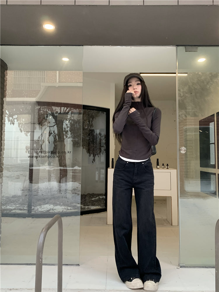 CGA0775-81B 高腰闊腿牛仔褲女美式復古高街寬鬆直筒褲長褲