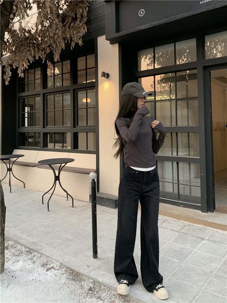 CGA0775-81B 高腰闊腿牛仔褲女美式復古高街寬鬆直筒褲長褲