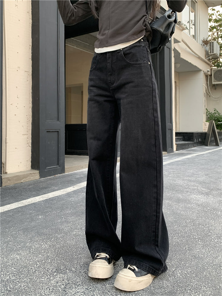 CGA0775-81B 高腰闊腿牛仔褲女美式復古高街寬鬆直筒褲長褲