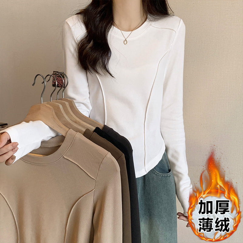 📺︎︎ CGD7281-49B 圓領正肩長袖T恤春秋冬內搭磨毛加厚魚骨修身短款上衣(多款可選)
