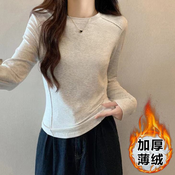 📺︎︎ CGD7281-49B 圓領正肩長袖T恤春秋冬內搭磨毛加厚魚骨修身短款上衣(多款可選)