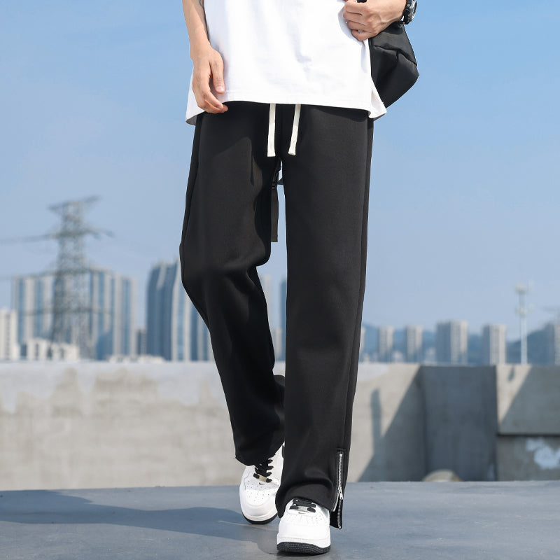 CBAT-G75-403-1B 春夏寬鬆直筒男開叉拉鍊拖地褲鬆緊針織長褲(2色)