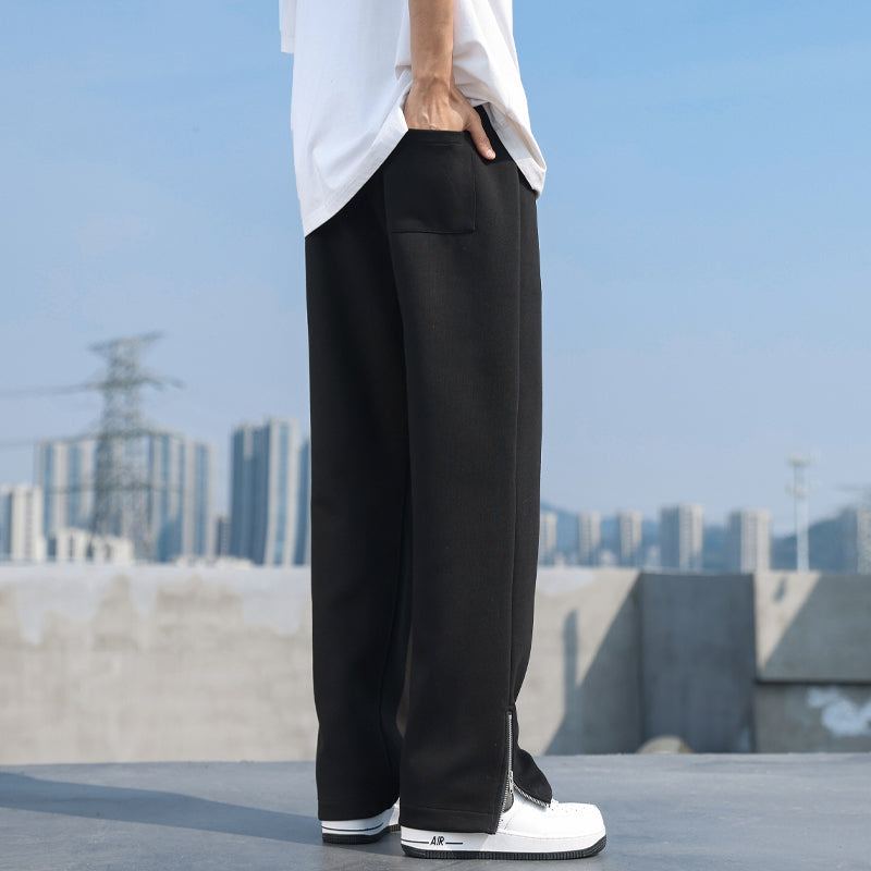 CBAT-G75-403-1B 春夏寬鬆直筒男開叉拉鍊拖地褲鬆緊針織長褲(2色)