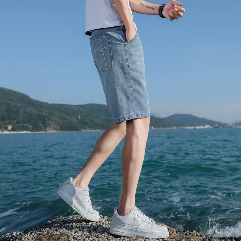 CBST-D19-1B 潮牌夏季牛仔短褲男士個性刺繡寬鬆韓版彈力五分褲