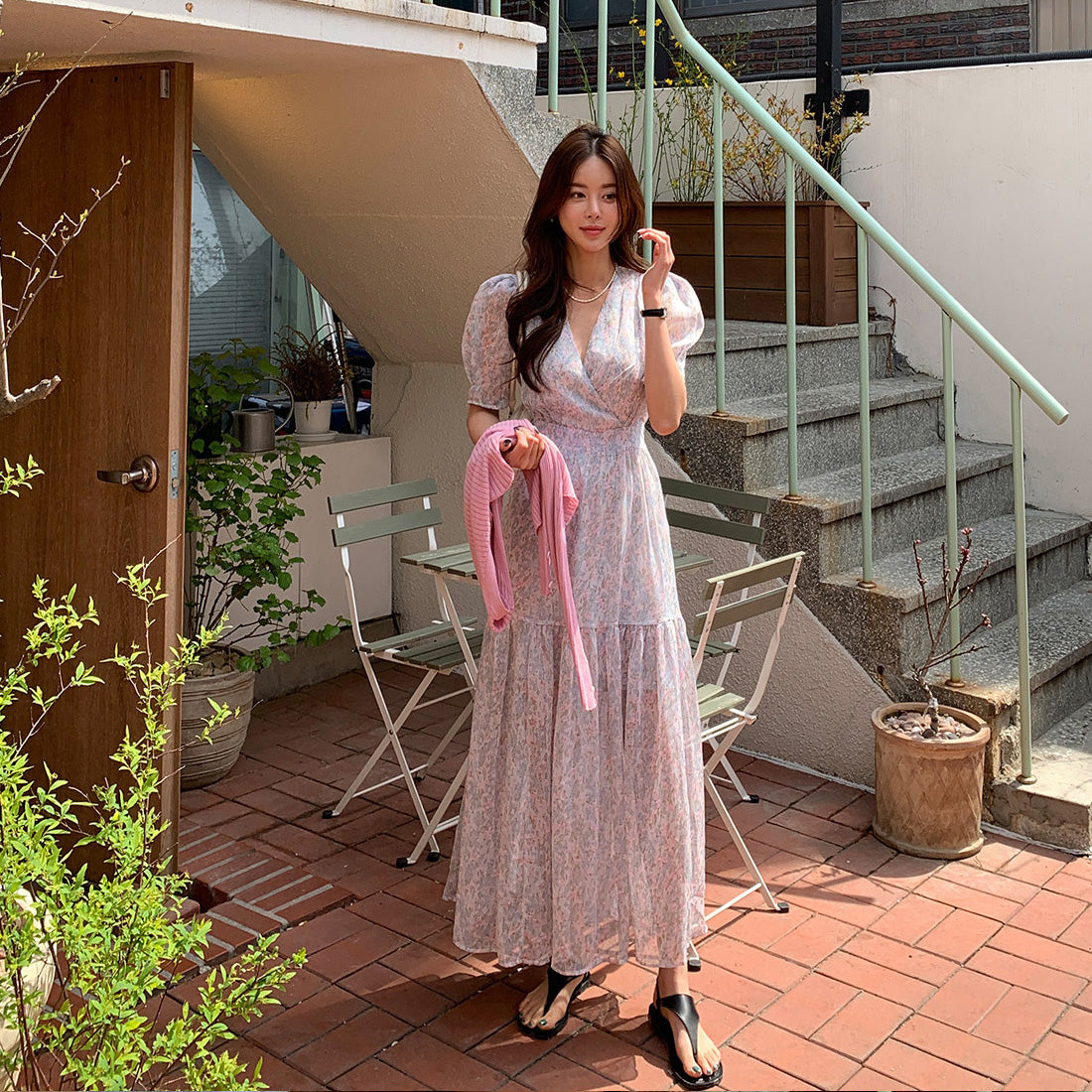 CGB1903-36H 小清新甜美碎花連衣裙夏季V領長裙泡泡袖韓國chic(2色)