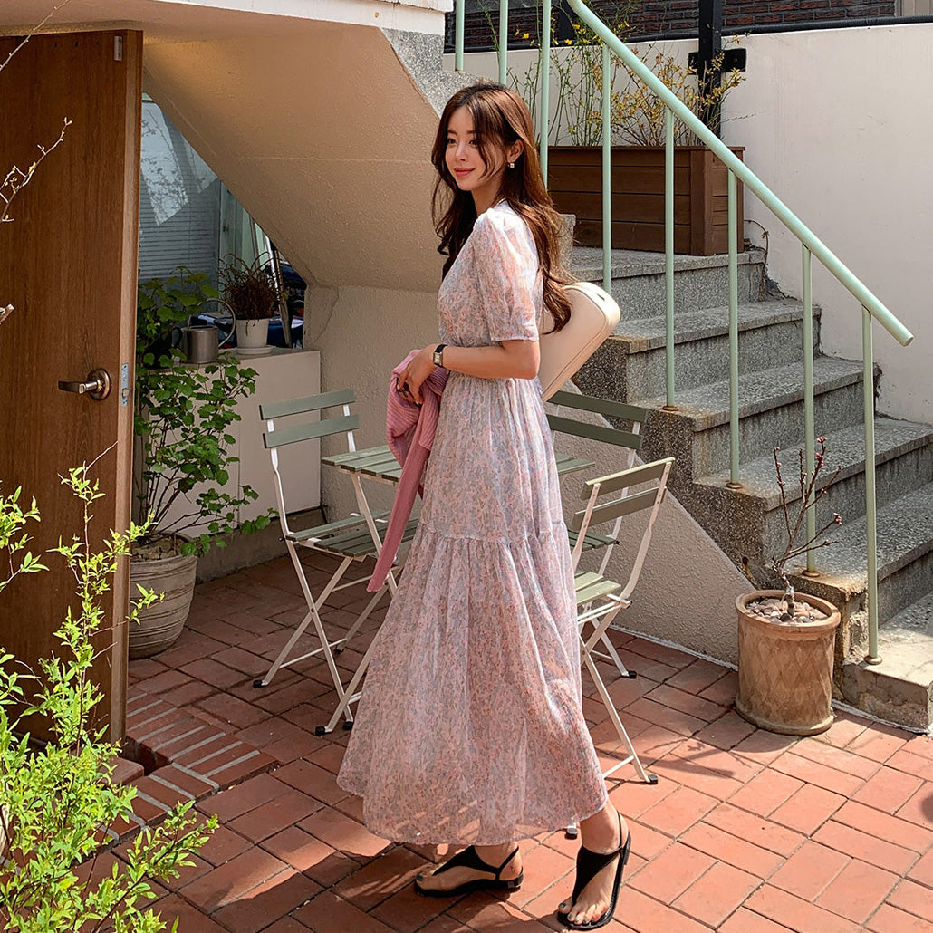 CGB1903-36H 小清新甜美碎花連衣裙夏季V領長裙泡泡袖韓國chic(2色)