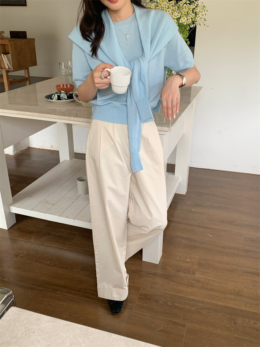 CGE9090-120B 百搭圓領短袖薄款毛衣+送同色披肩(2色)