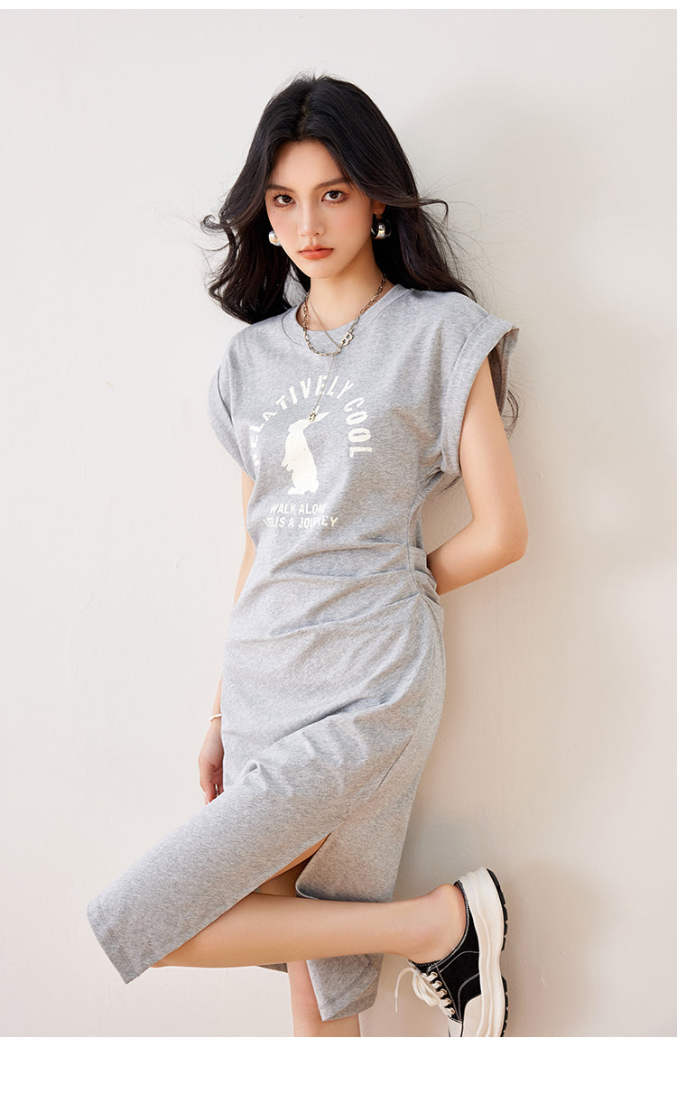︎CGBC3316-89B 印花半袖T恤連衣裙中長款開叉短袖裙子設計感(2色)
