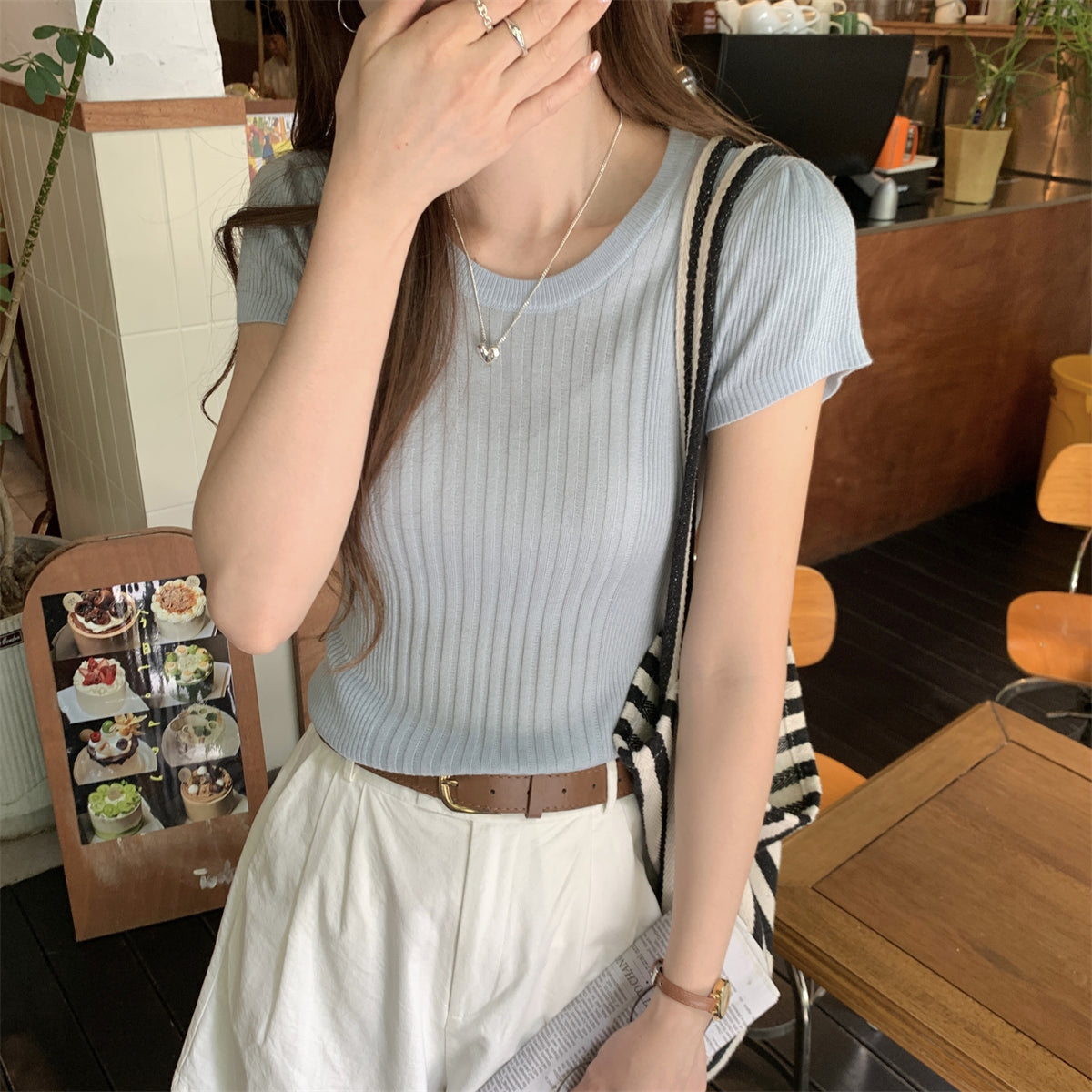 CGE2603-56B 春夏韓版圓領氣質坑條百搭輕薄針織短袖上衣(4色)