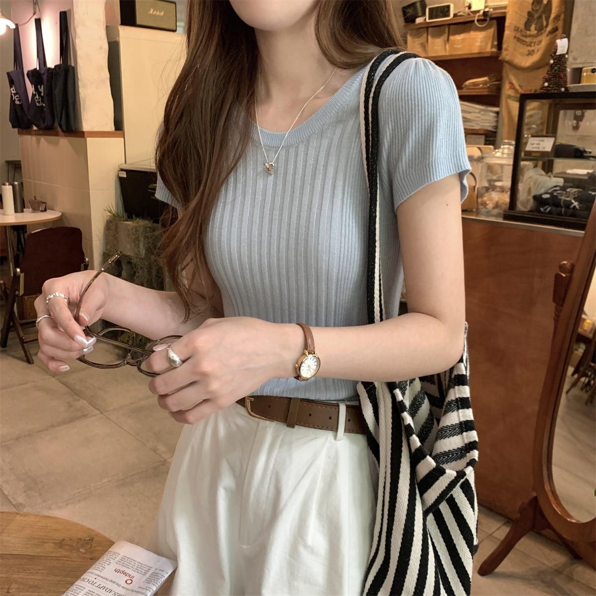 CGE2603-56B 春夏韓版圓領氣質坑條百搭輕薄針織短袖上衣(4色)