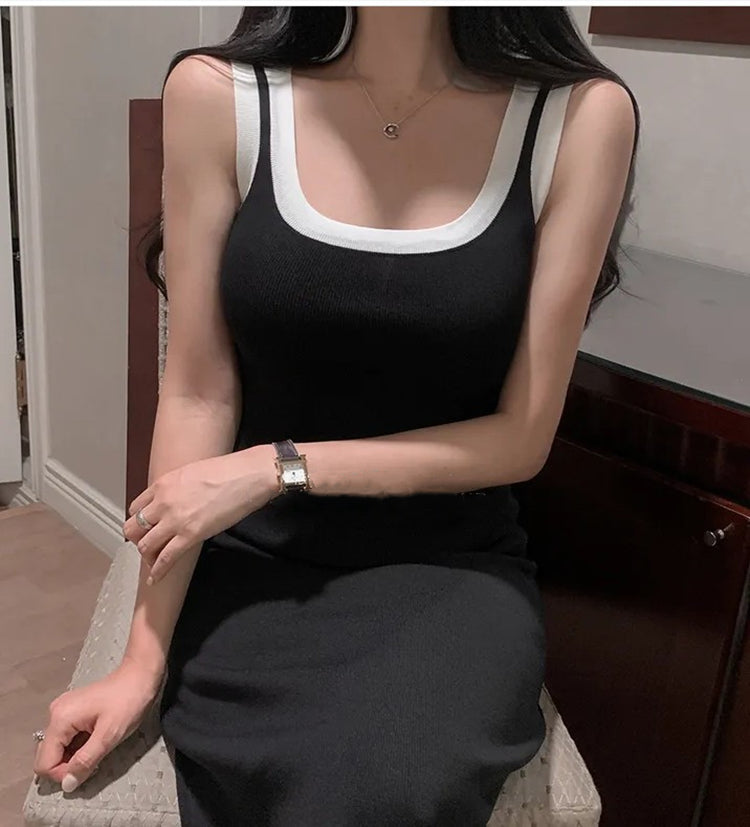 CGB8051-36H 夏秋新款氣質U領撞色修身顯身材中長款包臀吊帶連衣裙(2色)