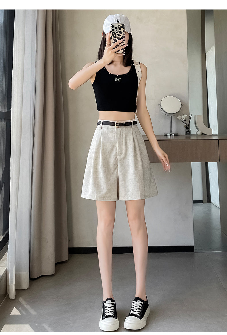 CGS6321-36H 冰絲棉麻短褲夏季薄款高腰寬鬆休閒中褲亞麻五分闊腿褲(4色)