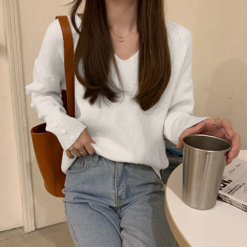 CGD9226-56B 秋冬寬鬆V領毛衣長袖套頭針織衫(5色)
