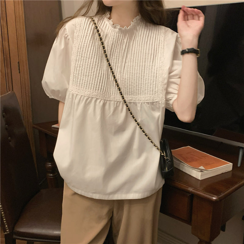 CGE1495-5B 氣質短袖上衣女小眾設計感白色泡泡袖襯衫