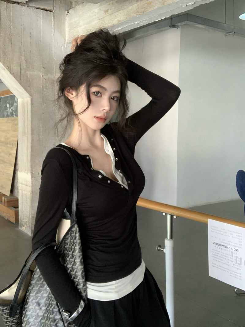 CGD7033-48B 秋季亨利領柔軟天絲羊毛打底衫上衣女修身假兩件長袖T恤(3色)