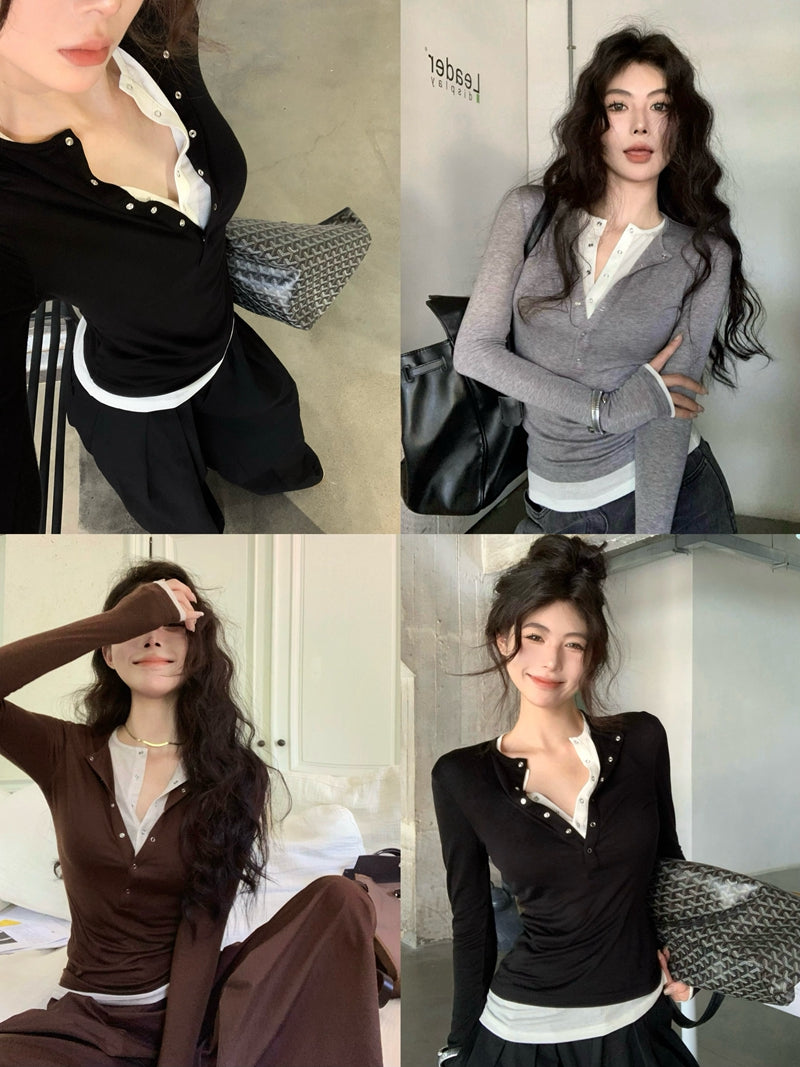 CGD7033-48B 秋季亨利領柔軟天絲羊毛打底衫上衣女修身假兩件長袖T恤(3色)
