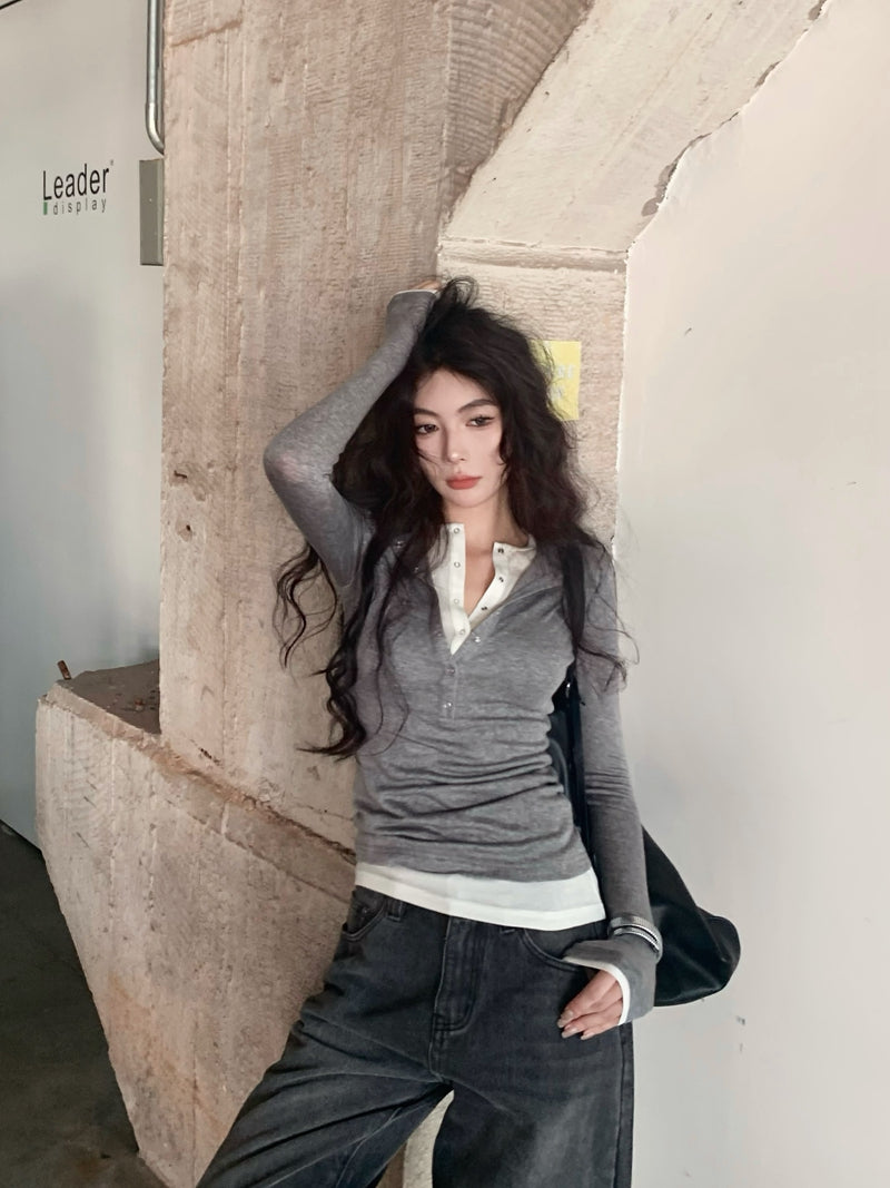 CGD7033-48B 秋季亨利領柔軟天絲羊毛打底衫上衣女修身假兩件長袖T恤(3色)