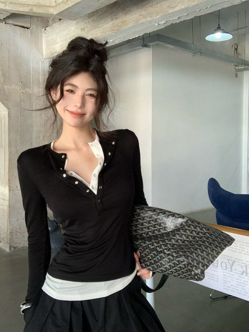 CGD7033-48B 秋季亨利領柔軟天絲羊毛打底衫上衣女修身假兩件長袖T恤(3色)