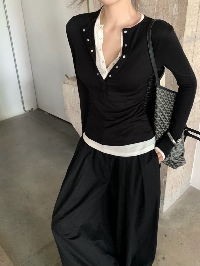 CGD7033-48B 秋季亨利領柔軟天絲羊毛打底衫上衣女修身假兩件長袖T恤(3色)