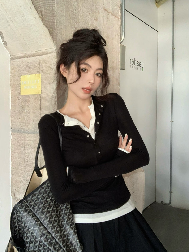 CGD7033-48B 秋季亨利領柔軟天絲羊毛打底衫上衣女修身假兩件長袖T恤(3色)
