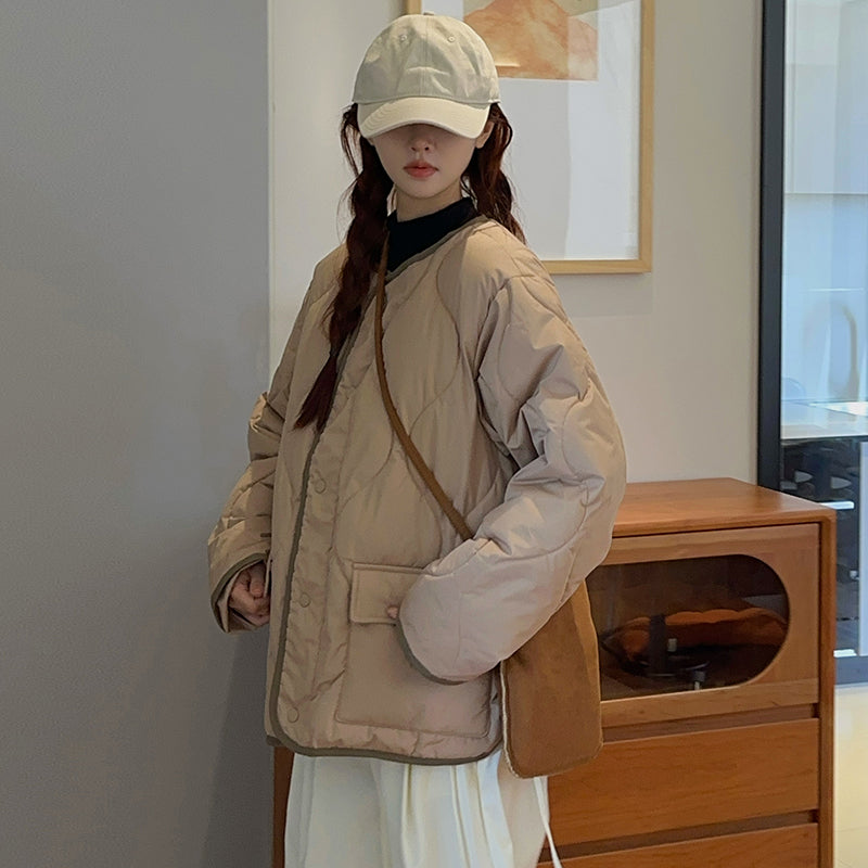 📺︎︎ CGC282-8B 拼接無領菱格羽絨棉服冬季超好看圓領外套(2色)