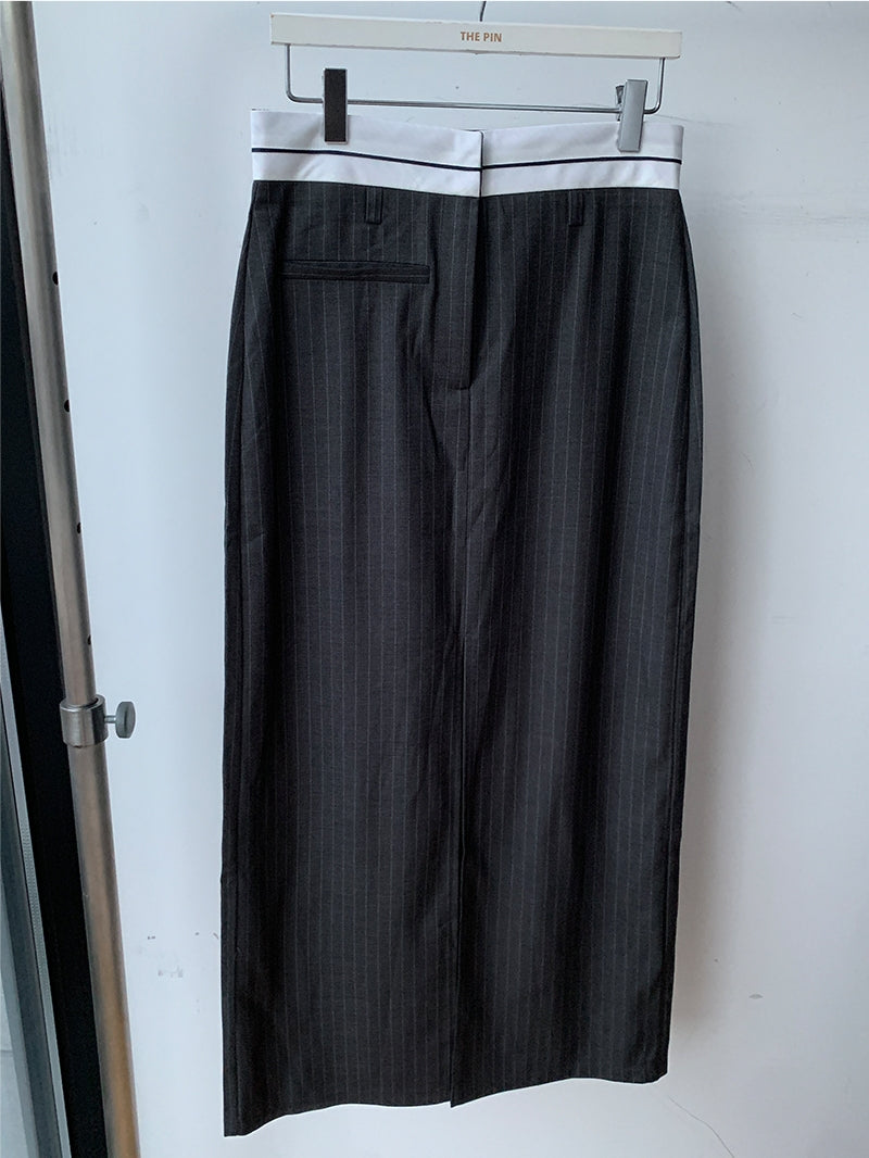 CGS1289-85B 韓國夏季拼色高腰包臀直筒開叉復古條紋西裝半身裙(2色)