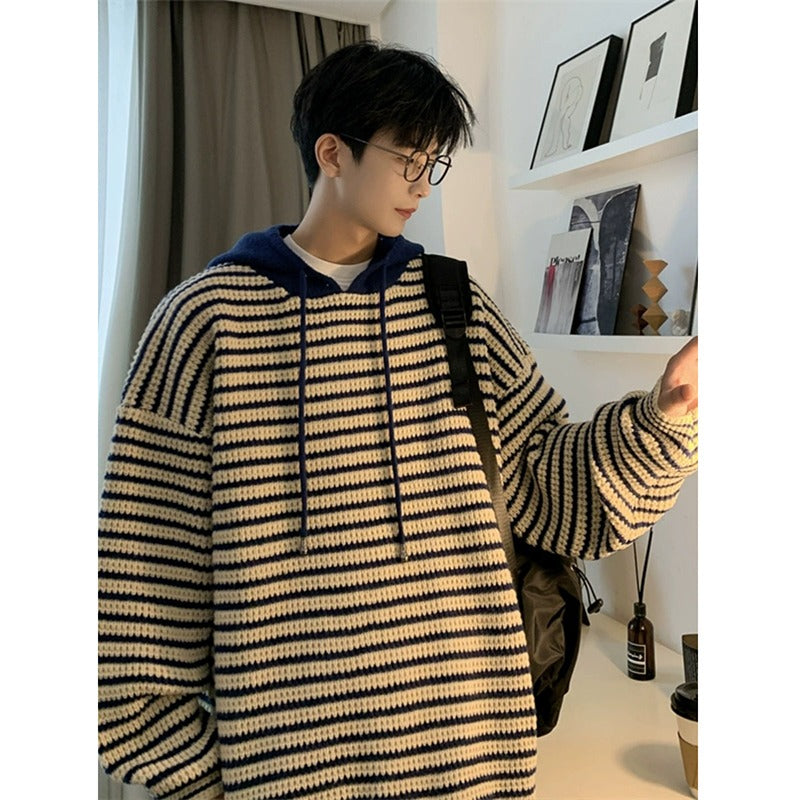 CBDD42UM-72B 條紋連帽毛衣秋冬季休閒寬鬆針織衫(2色)