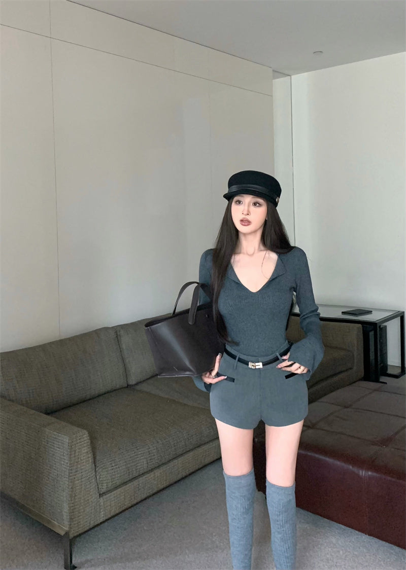 CGD22578-109B 復古氣質修身顯瘦翻領針織上衣短褲套裝(3色)